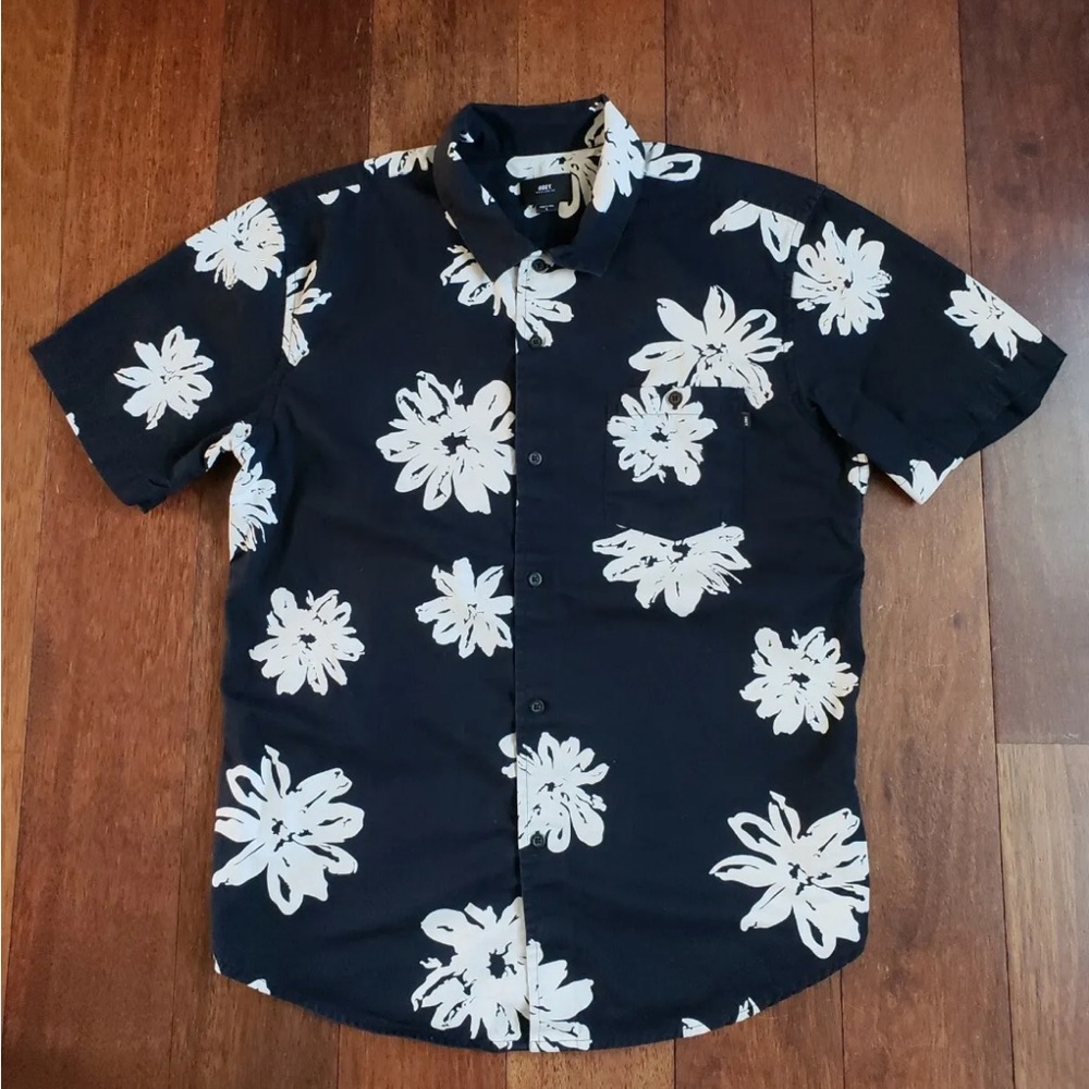 Obey Floral black and white button up